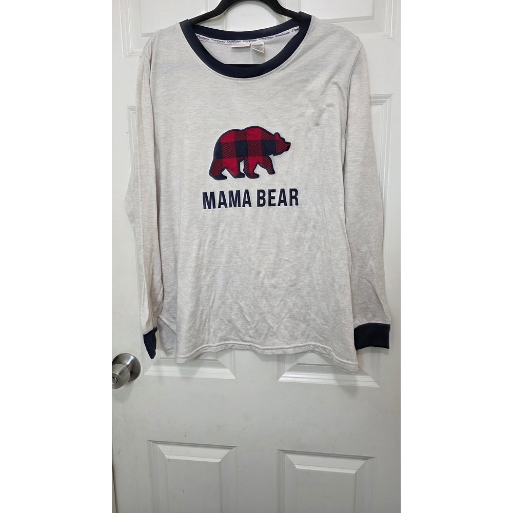 Dearfoams Mama Bear Pajama Top Women XL Grey Buffalo Plaid Long Sleeve Sleepwear